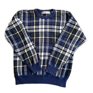 VTG 90s John Ashford Golf Men's Plaid Blue Green Yellow Sweater Size L Cotton